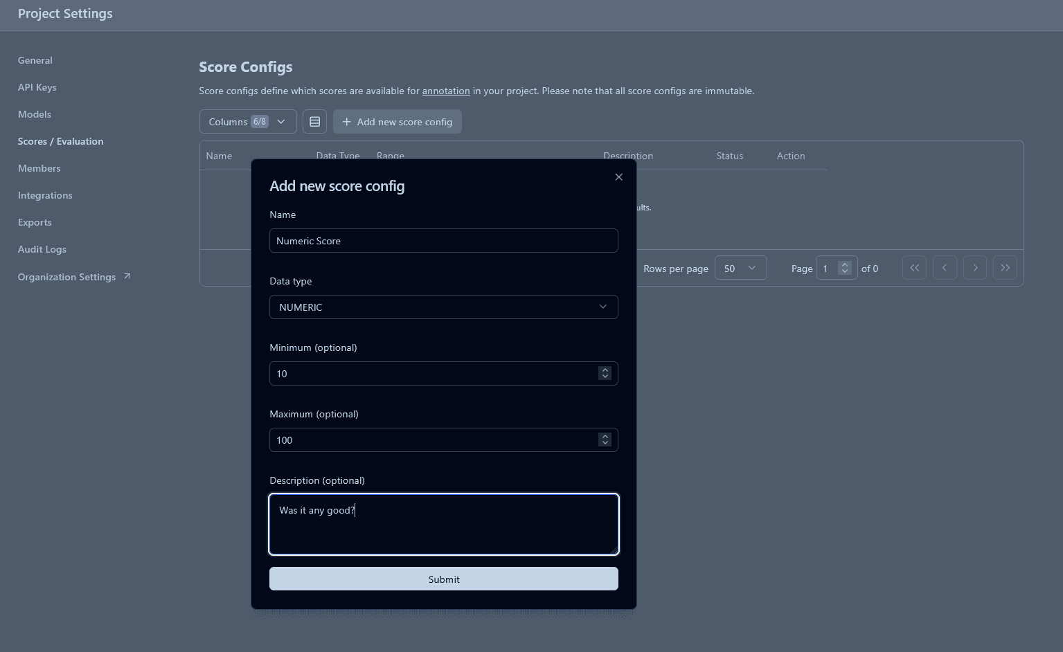Creating a new score config